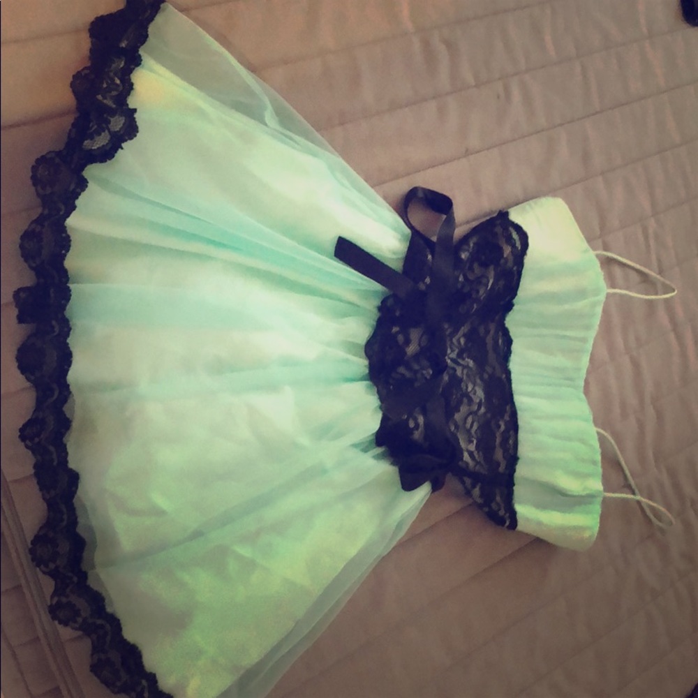 Mint green/teal party dress with lace detail.